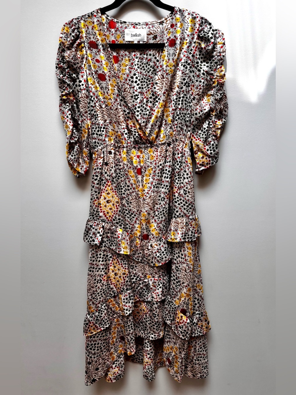 ba&sh Floral Ruffle Midi Dress Metallic Stripe Puff Sleeve XS